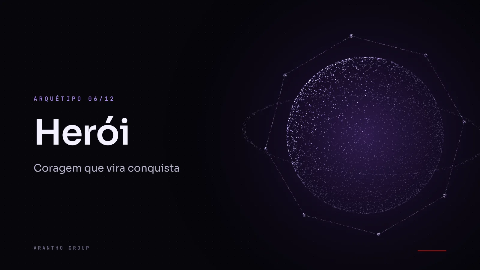 Composição gráfica abstrata com formas angulares em vermelho e preto sugerindo movimento ascendente e o nome arquétipo Herói