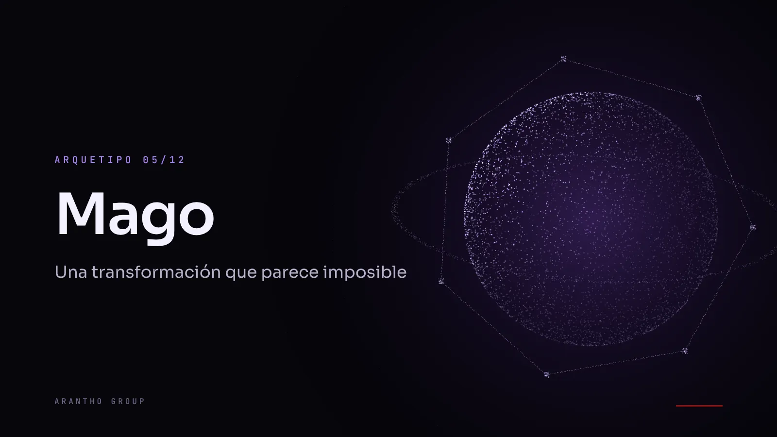 Composición gráfica abstracta en morado y azul oscuro con haces de luz y el nombre del arquetipo Mago destacado