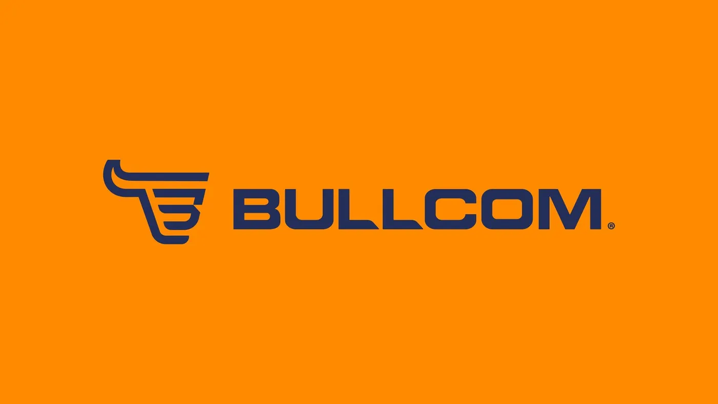 Bullcom horizontal logo in blue on an orange background