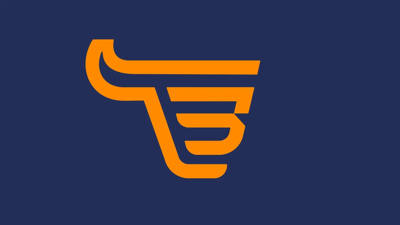 Bullcom symbol in orange on a blue background