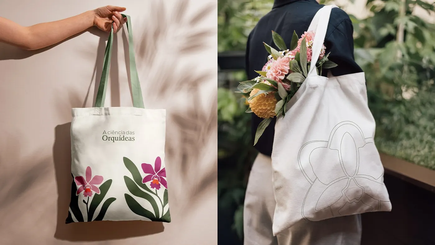 Tote bags with an orchid illustration and the logo
