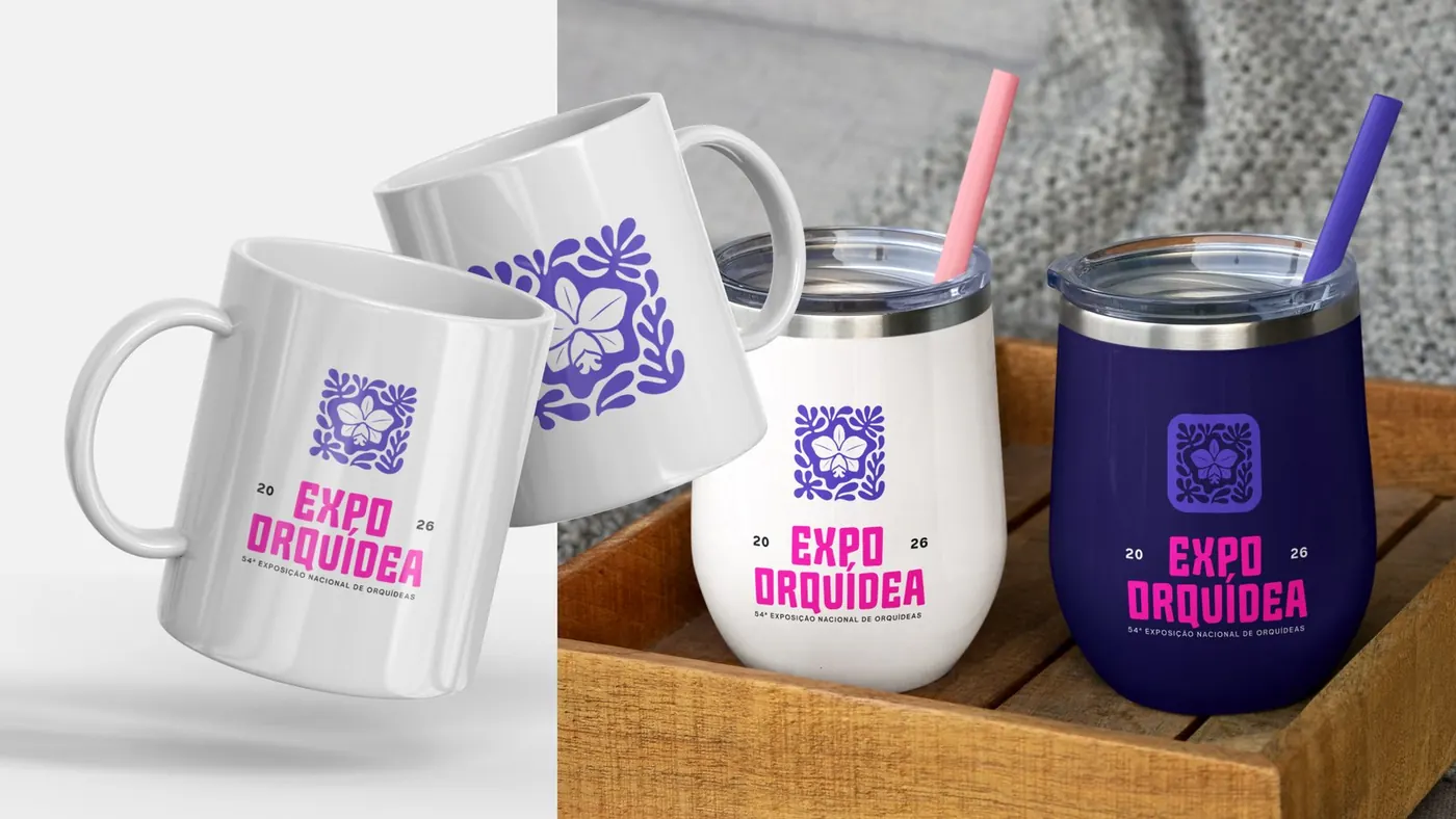 Mugs and insulated tumblers with the Expo Orquídea brand