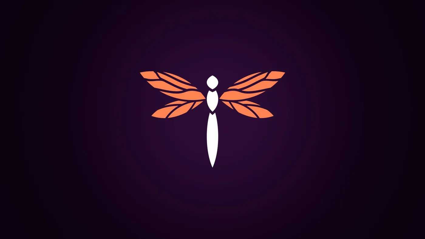 Dragonfly icon in orange on a purple background