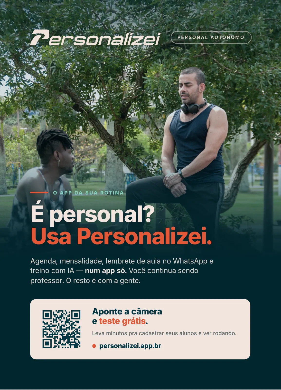 Personalizei flyer: “É personal? Usa Personalizei.” (Personal trainer? Use Personalizei.)