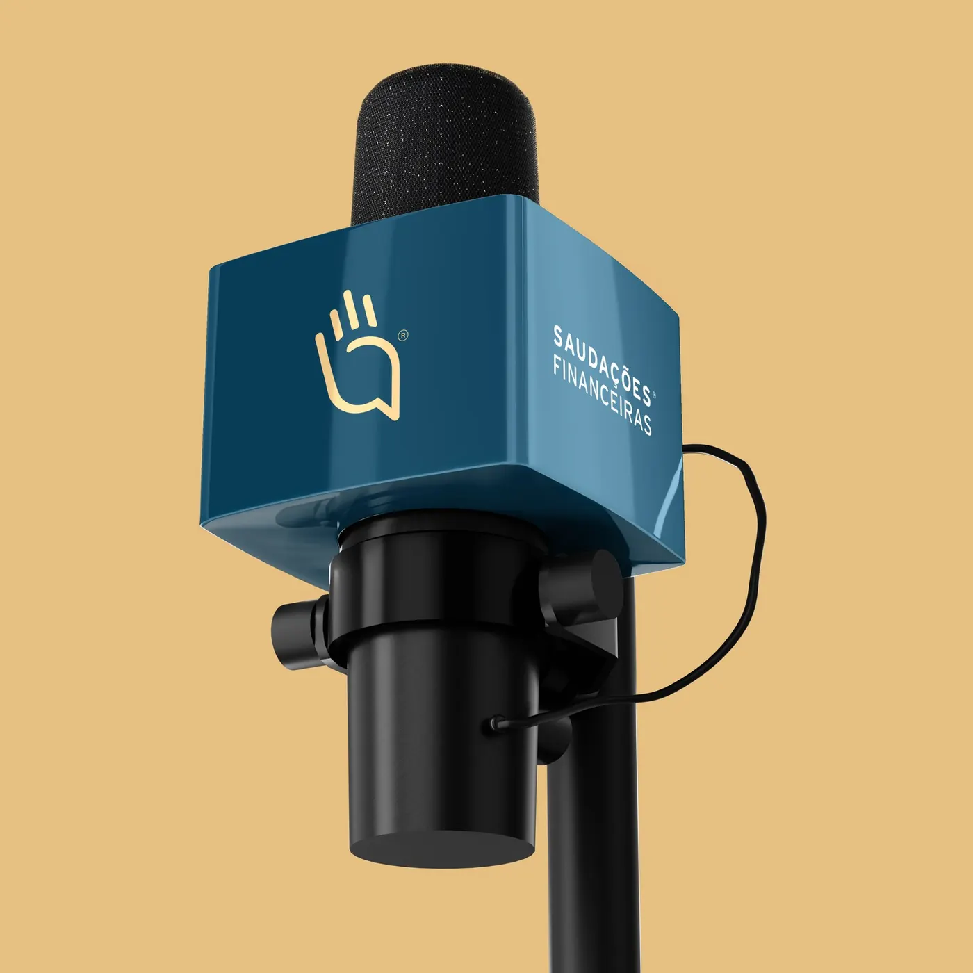 Microphone with the Saudações Financeiras symbol