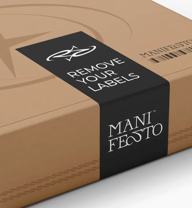 SW Manifesto shipping box with a Remove your labels band