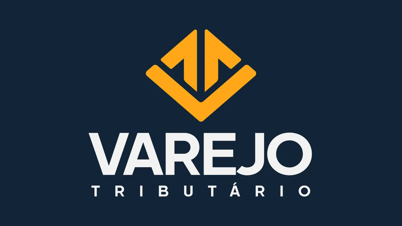 Varejo Tributário vertical logo on dark blue